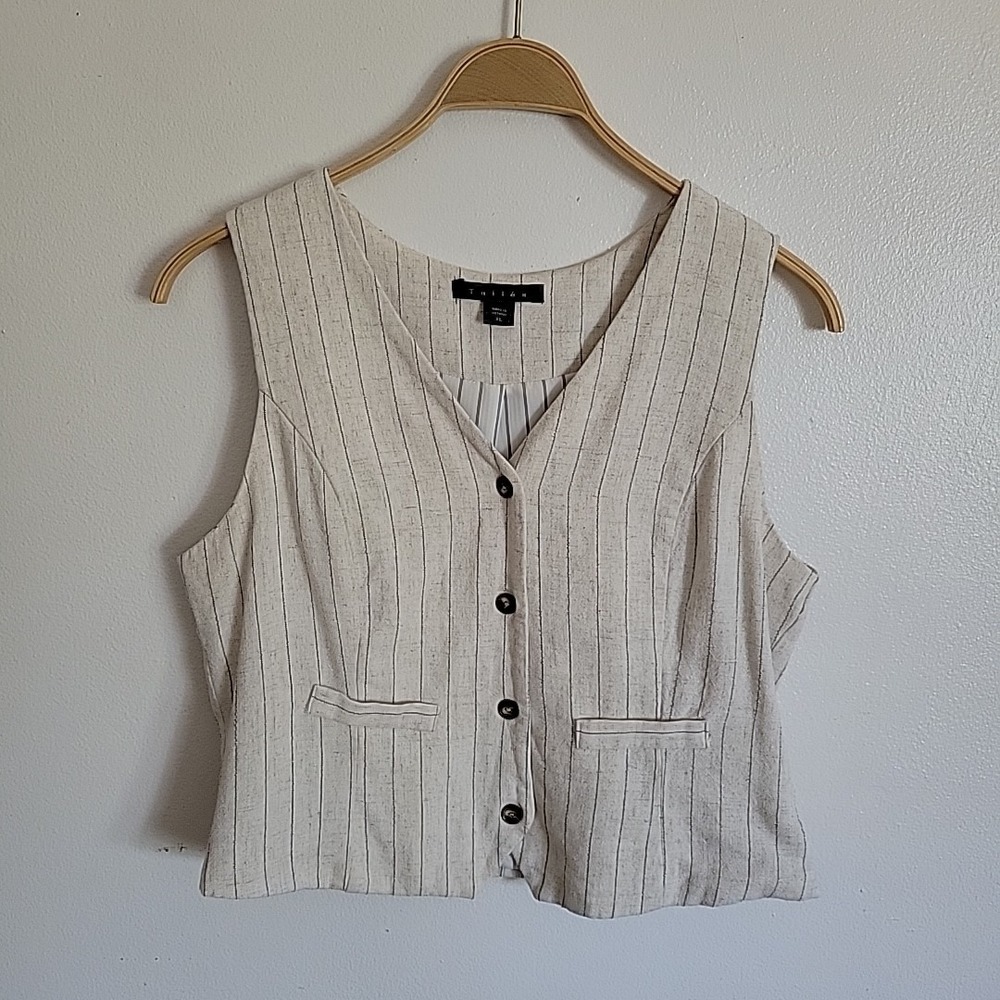 Tullea Button Front Vest XL Striped Rayon Linen Academia Classic Elevated Preppy